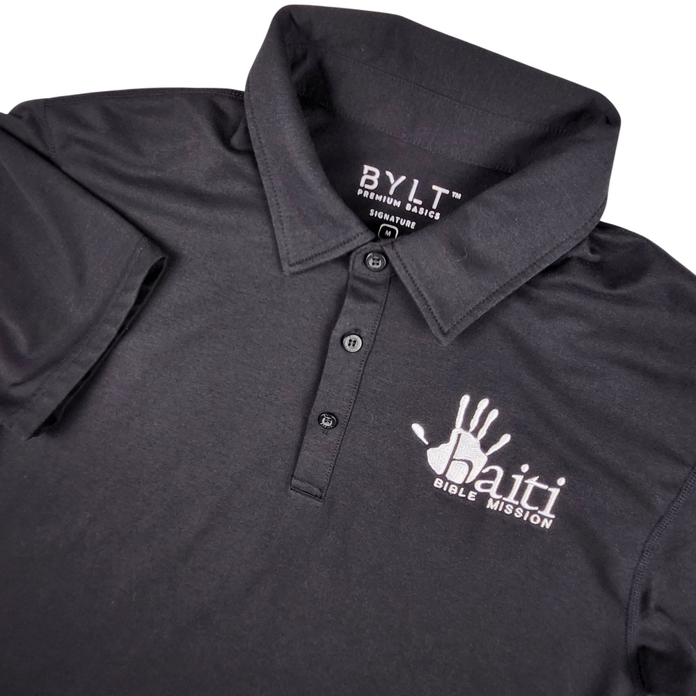 BYLT Polo Shirt Mens M Black Haiti Bible Mission Logo Short Sleeve Lux Drop Cut